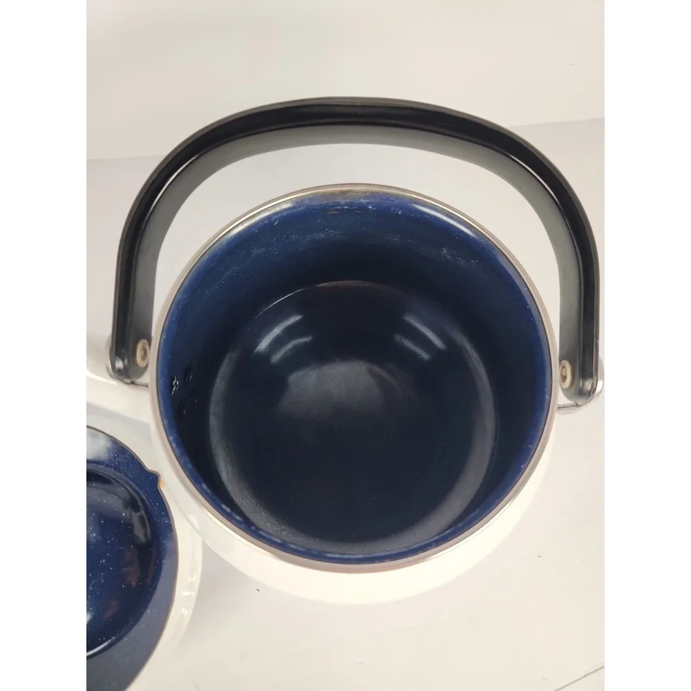 Vintage Siam Fuji Ware White Enamelware Tea Kettle 2 Qt Thailand Blue Interior